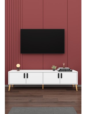 Asra Trend Modern TV Ünitesi %100 MDF 4 Kapaklı Ahşap Ayaklı Televizyon Sehpası T-01