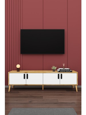 Asra Trend Modern TV Ünitesi %100 MDF 4 Kapaklı Ahşap Ayaklı Televizyon Sehpası T-03