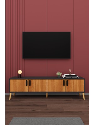Asra Trend Modern TV Ünitesi %100 MDF 4 Kapaklı Ahşap Ayaklı Televizyon Sehpası T-05