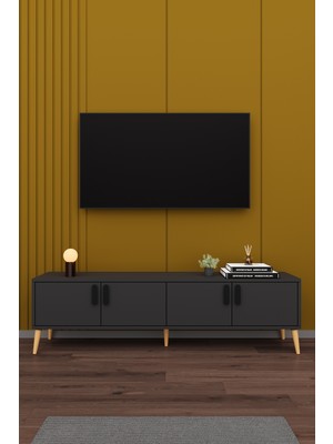 Asra Trend Modern TV Ünitesi %100 MDF 4 Kapaklı Ahşap Ayaklı Televizyon Sehpası T-04