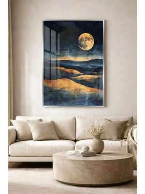 Zevahir Mobilya Dekorasyon Gece Manzaralı Ay ve Altın Tepeler Temalı Cam Tablo - Gümüş Metal Çerçeveli Ev, Iş ve Okul Tablosu