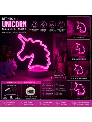 Özel Neon Işıklı Unicorn Masa Gece Lambası USB ve Pilli Dekoratif LED Çocuk Odası Lambası