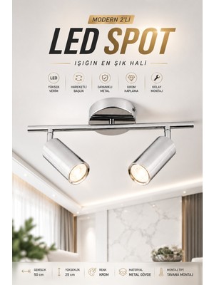 UltraMint Şık ve Ayarlanabilir Premium Silver Ray Spot LED Tavan Aydınlatması (2’li)