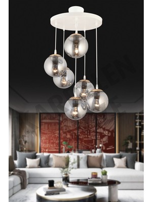 UltraMint Şık Füme Top Camlı Sarkıt Tavan Avizesi 6'lı Set