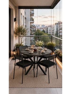 Flinder Siyah 4 Kişilik Minderli Balkon Takımı, Balkon Masası, Balkon Sandalyesi, Yuvarlak Masa, Yemek Masası, Mutfak Masa Sandalye Takımı, 4 Sandalye 1 Masa