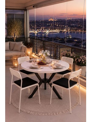 Flinder Beyaz 4 Kişilik Minderli Balkon Takımı, Balkon Masası, Balkon Sandalyesi, Yuvarlak Masa, Yemek Masası, Mutfak Masa Sandalye Takımı, 4 Sandalye 1 Masa
