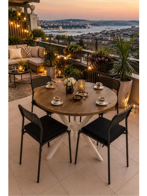 Flinder Çam 4 Kişilik Minderli Balkon Takımı, Balkon Masası, Balkon Sandalyesi, Yuvarlak Masa, Yemek Masası, Mutfak Masa Sandalye Takımı, 4 Sandalye 1 Ma