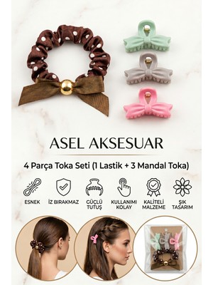 Asel Aksesuar 4'lü Puantiyeli Kurdeleli Lastik ve Fiyonk Mandal Toka Seti