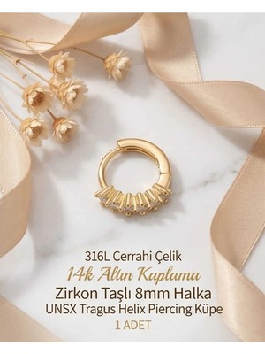 Begonia Accessories 316L Cerrahi Çelik Altın Kaplama Kararmaz Alerji Yapmaz Zirkon Taş Figür 1 Adet Unisex Minimal Halka Tragus Helix Küpe Piercing A503-21