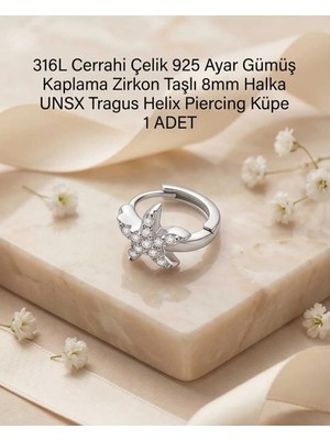 Begonia Accessories 316L Cerrahi Çelik Gümüş Kaplama Kararmaz Alerji Yapmaz Zirkon Taş Figür 1 Adet Unisex Minimal Halka Tragus Helix Küpe Piercing G503-13
