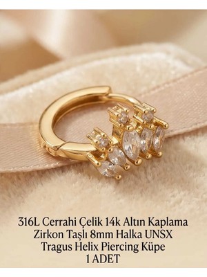 Begonia Accessories 316L Cerrahi Çelik Altın Kaplama Kararmaz Alerji Yapmaz Zirkon Taş Figür 1 Adet Unisex Minimal Halka Tragus Helix Küpe Piercing A503-14