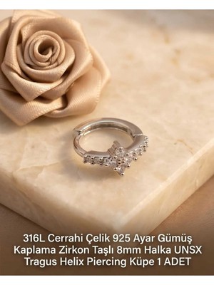 Begonia Accessories 316L Cerrahi Çelik Gümüş Kaplama Kararmaz Alerji Yapmaz Zirkon Taş Figür 1 Adet Unisex Minimal Halka Tragus Helix Küpe Piercing G503-20