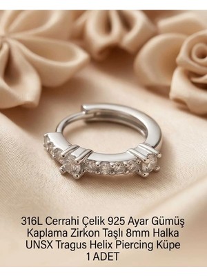Begonia Accessories 316L Cerrahi Çelik Gümüş Kaplama Kararmaz Alerji Yapmaz Zirkon Taş Figür 1 Adet Unisex Minimal Halka Tragus Helix Küpe Piercing G503-24