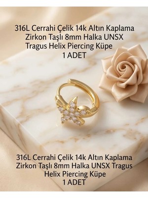 Begonia Accessories 316L Cerrahi Çelik Altın Kaplama Kararmaz Alerji Yapmaz Zirkon Taş Figür 1 Adet Unisex Minimal Halka Tragus Helix Küpe Piercing A503-37