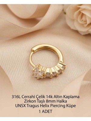 Begonia Accessories 316L Cerrahi Çelik Altın Kaplama Kararmaz Alerji Yapmaz Zirkon Taş Figür 1 Adet Unisex Minimal Halka Tragus Helix Küpe Piercing A503-15