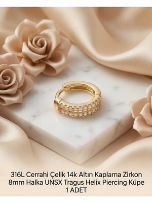Begonia Accessories 316L Cerrahi Çelik Altın Kaplama Kararmaz Alerji Yapmaz Zirkon Taş Figür 1 Adet Unisex Minimal Halka Tragus Helix Küpe Piercing A503-2