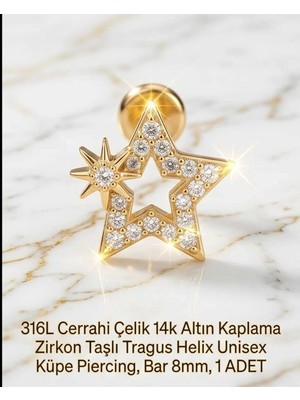 Begonia Accessories 316L Cerrahi Çelik Altın Kaplama Kararmaz Alerji Yapmaz Zirkon Taş Figür Unisex Tragus Helix Küpe Piercing A106-10