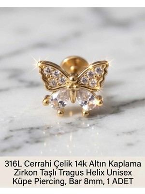 Begonia Accessories 316L Cerrahi Çelik Altın Kaplama Kararmaz Alerji Yapmaz Zirkon Taş Figür Unisex Tragus Helix Küpe Piercing A106-41