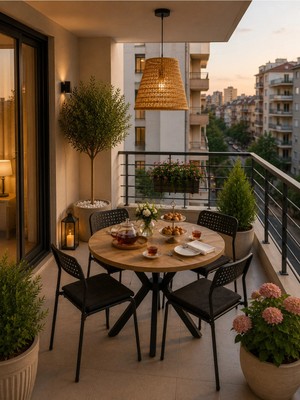 Flinder Çam 4 Kişilik Minderli Balkon Takımı, Balkon Masası, Balkon Sandalyesi, Yuvarlak Masa, Yemek Masası, Mutfak Masa Sandalye Takımı, 4 Sandalye 1 Masa