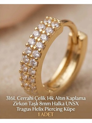 Begonia Accessories 316L Cerrahi Çelik Altın Kaplama Kararmaz Alerji Yapmaz Zirkon Taş Figür 1 Adet Unisex Minimal Halka Tragus Helix Küpe Piercing A503-9