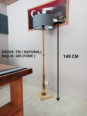 Balsa Dekor Ahşap Lambader-Köşe Lambası Tik Natural- Gri Füme