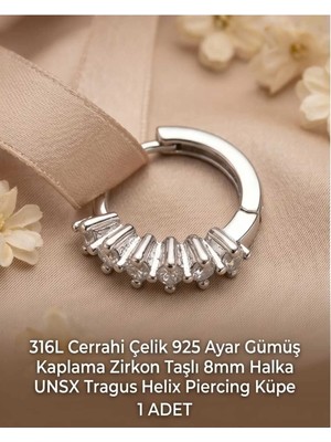 Begonia Accessories 316L Cerrahi Çelik Gümüş Kaplama Kararmaz Alerji Yapmaz Zirkon Taş Figür 1 Adet Unisex Minimal Halka Tragus Helix Küpe Piercing G503-16