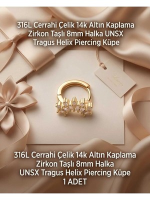 Begonia Accessories 316L Cerrahi Çelik Altın Kaplama Kararmaz Alerji Yapmaz Zirkon Taş Figür 1 Adet Unisex Minimal Halka Tragus Helix Küpe Piercing A503-3