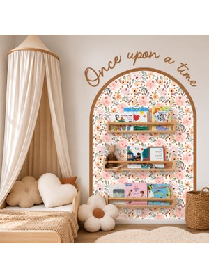 Trend Wall Decor Pembe Çiçek Temalı Çocuk-Bebek-Kreş Odası Dekoru, Duvar Stickeri, Once Upon A Time Sticker Yazı, Çerçeve, Kitap Masal Köşesi, Kitaplık Arkası Dekoru, Torun Hediyesi