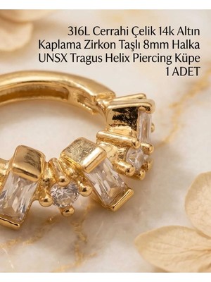 Begonia Accessories 316L Cerrahi Çelik Altın Kaplama Kararmaz Alerji Yapmaz Zirkon Taş Figür 1 Adet Unisex Minimal Halka Tragus Helix Küpe Piercing A503-23
