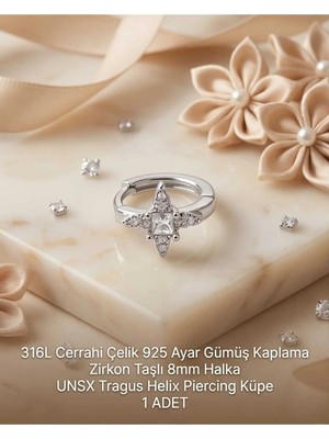 Begonia Accessories 316L Cerrahi Çelik Gümüş Kaplama Kararmaz Alerji Yapmaz Zirkon Taş Figür 1 Adet Unisex Minimal Halka Tragus Helix Küpe Piercing G503-3