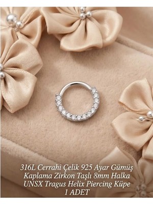 Begonia Accessories 316L Cerrahi Çelik Gümüş Kaplama Kararmaz Alerji Yapmaz Zirkon Taş Figür 1 Adet Unisex Minimal Halka Tragus Helix Küpe Piercing G503-7