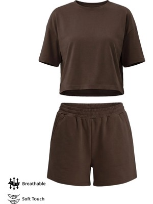 Cottonhill Premium - Sway Collection | Kahverengi Modal Şortlu Kadın Eşofman Takımı