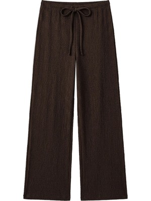 Cottonhill Premium - Tide Collection | Kahverengi Bağcıklı Bürümcük Dokulu Bol Paça Kadın Pantolon