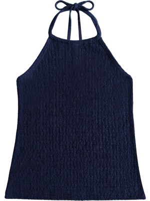 Cottonhill Premium - Tide Collection | Lacivert Halter Yaka Boyundan Bağlamalı Bürümcük Dokulu Kadın Crop Bluz