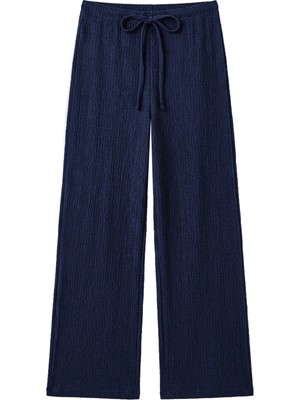 Cottonhill Premium - Tide Collection | Lacivert Bağcıklı Bürümcük Dokulu Bol Paça Kadın Pantolon