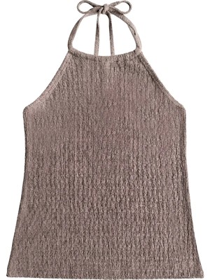 Cottonhill Premium - Tide Collection | Vizon Halter Yaka Boyundan Bağlamalı Bürümcük Dokulu Kadın Crop Bluz