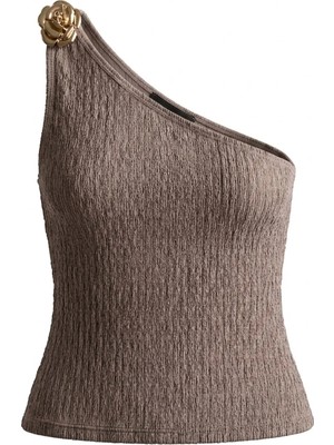 Cottonhill Premium - Tide Collection | Vizon Tek Omuz Çiçek Aksesuarlı Bürümcük Dokulu Kadın Crop Bluz