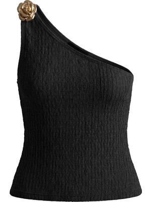 Cottonhill Premium - Tide Collection | Siyah Tek Omuz Çiçek Aksesuarlı Bürümcük Dokulu Kadın Crop Bluz