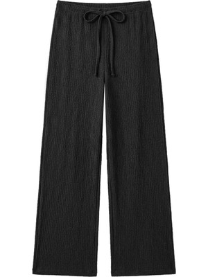 Cottonhill Premium - Tide Collection | Siyah Bağcıklı Bürümcük Dokulu Bol Paça Kadın Pantolon