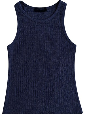 Cottonhill Premium - Tide Collection | Lacivert Bisiklet Yaka Bürümcük Dokulu Kolsuz Kadın Crop Bluz