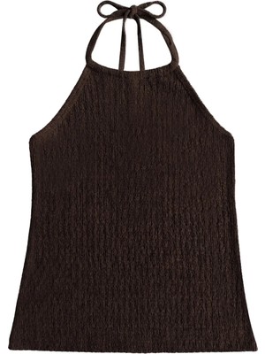 Cottonhill Premium - Tide Collection |kahverengi Halter Yaka Boyundan Bağlamalı Bürümcük Dokulu Kadın Crop Bluz