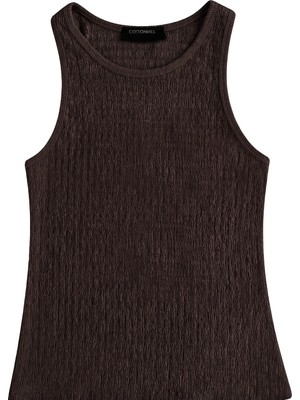 Cottonhill Premium - Tide Collection | Kahverengi Bisiklet Yaka Bürümcük Dokulu Kolsuz Kadın Crop Bluz