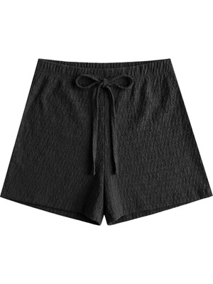 Cottonhill Premium - Tide Collection | Siyah Bağcıklı Bürümcük Dokulu Rahat Kesim Kadın Şort