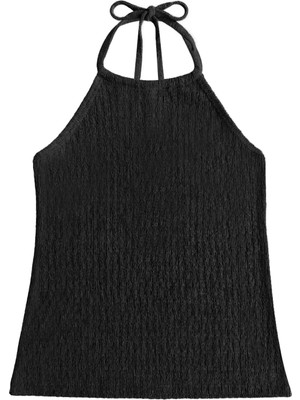 Cottonhill Premium - Tide Collection | Siyah Halter Yaka Boyundan Bağlamalı Bürümcük Dokulu Kadın Crop Bluz