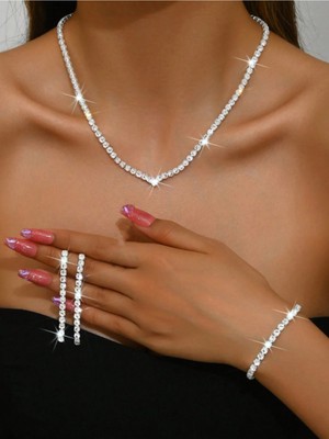 Kalın Zirkon Taşlı Su Yolu Silver Kolye Küpe Bileklik Set