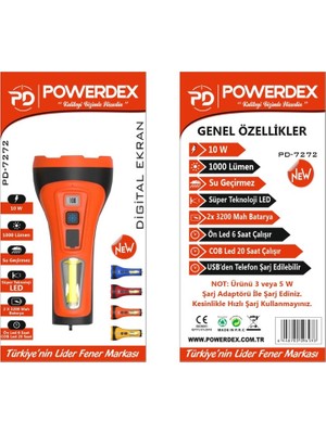 Powerdex PD-7272 Profesyonel 10W & 1000 Lümen Dijital Ekran Şarjlı El Feneri