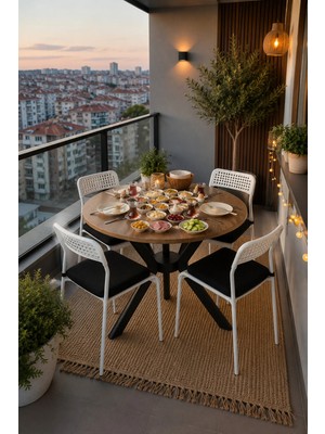 Flinder Çam 4 Kişilik Minderli Balkon Takımı, Balkon Masası, Balkon Sandalyesi, Yuvarlak Masa, Yemek Masası, Mutfak Masa Sandalye Takımı, 4 Sandalye 1 Masa