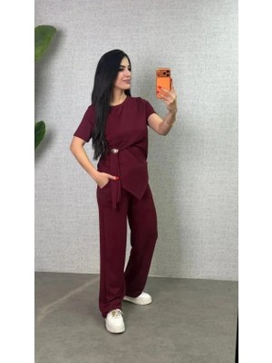 Mareandpanda Kadın Kısa Kollu Bisiklet Yaka Yandan Toka Detaylı Viskon Iki Iplik Bluz ve Pantolon Ikili Takım