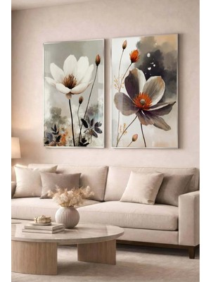 Zevahir Mobilya Dekorasyon Gri ve Beyaz Çiçekli Floral Modern 2'li Cam Tablo Seti Gümüş Metal Çerçeveli Ev ve Ofis Tablosu