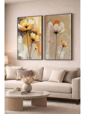 Zevahir Mobilya Dekorasyon Turuncu ve Sarı Çiçekli Floral Modern 2'li Cam Tablo Seti Siyah Metal Çerçeveli Ev ve Ofis Tablosu